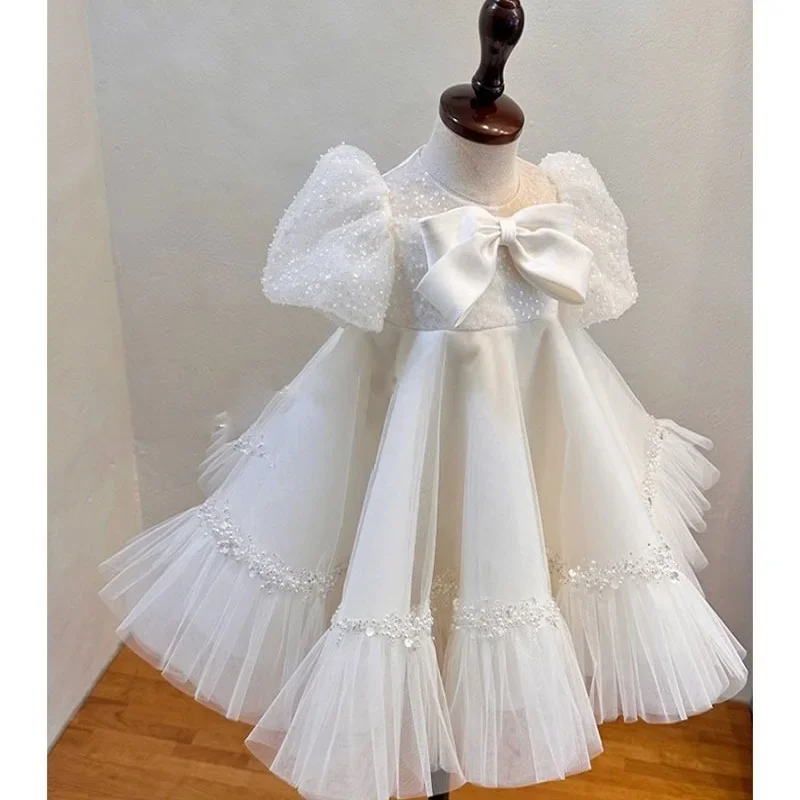 

2024 summer Child White sequins Girl Wedding Party Clothing Puff Flower Girl Baby First Gown 1st Birthday Baptist Dress