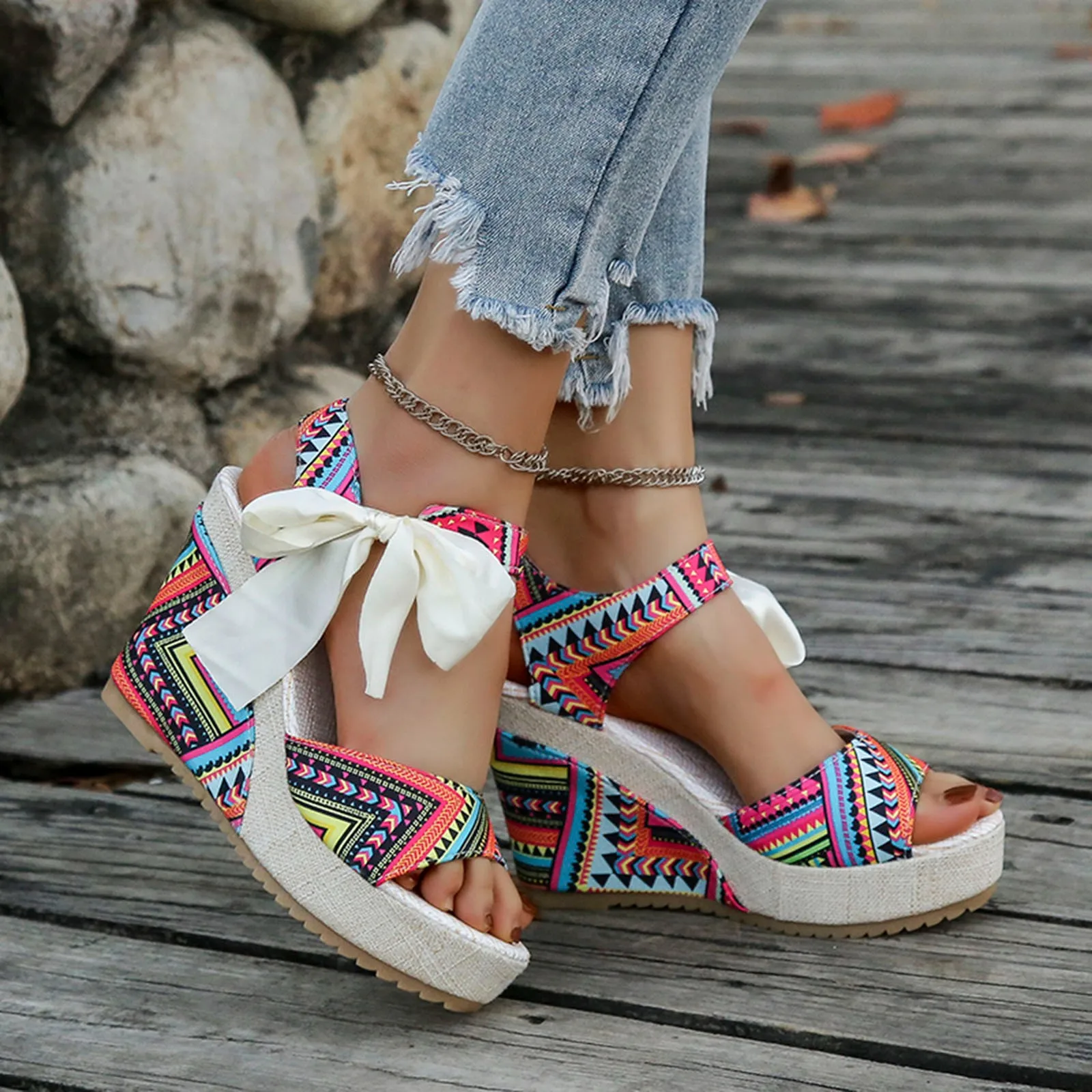 Ladies Summer Beach Boho Floral Wedge Sandals Women Ankle Strap Platform Gladiator Shoes Fashion High Heels Sandalias Mujer