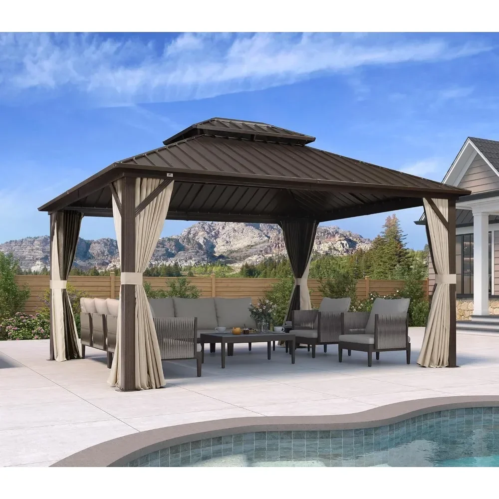 

12’ X 14’ Outdoor Hardtop Gazebo Metal Frame Galvanized Steel Double Roof with Curtains and Nettings for Patio Desk Home &Garden