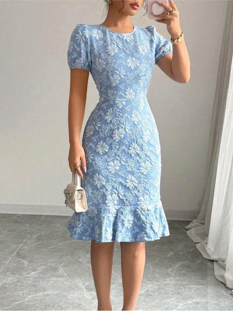 

Female Elegant Lace Solid Color Midi Dress Summer Fashion O-neck Short Sleeves High Waist Dresses Ladies Simple Style Vestidos