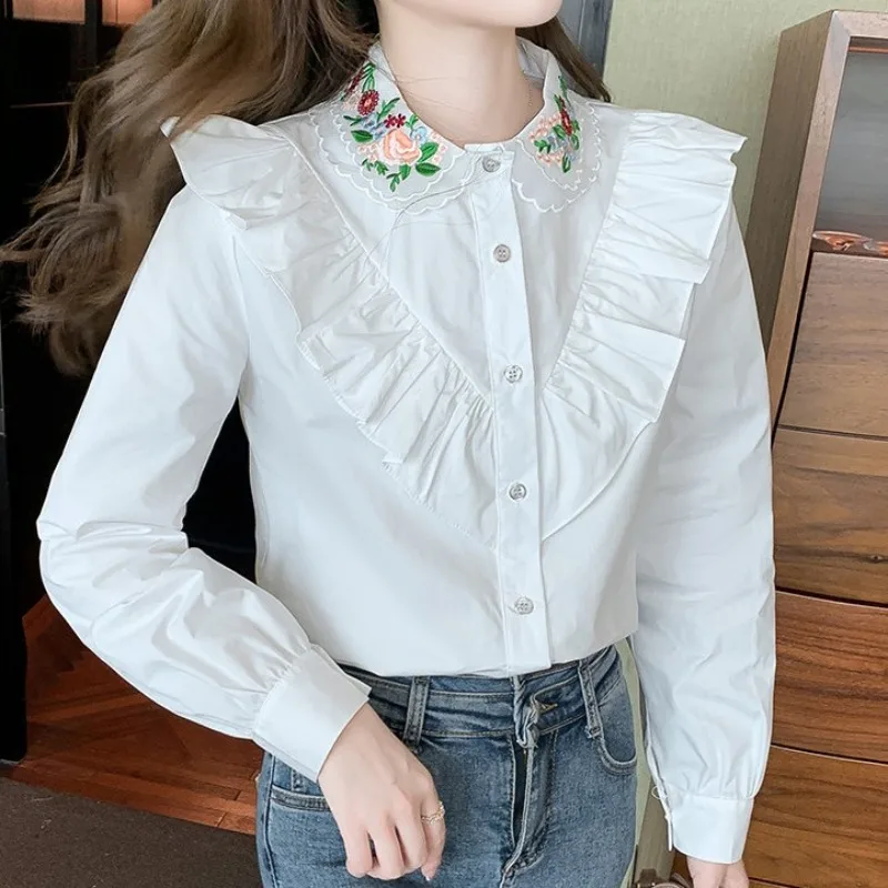 Women\'s Spring Autumn New Shirts Fashion Commute Spliced Ruched Button Peter Pan Collar Long Sleeve Embroidered Solid Blouses