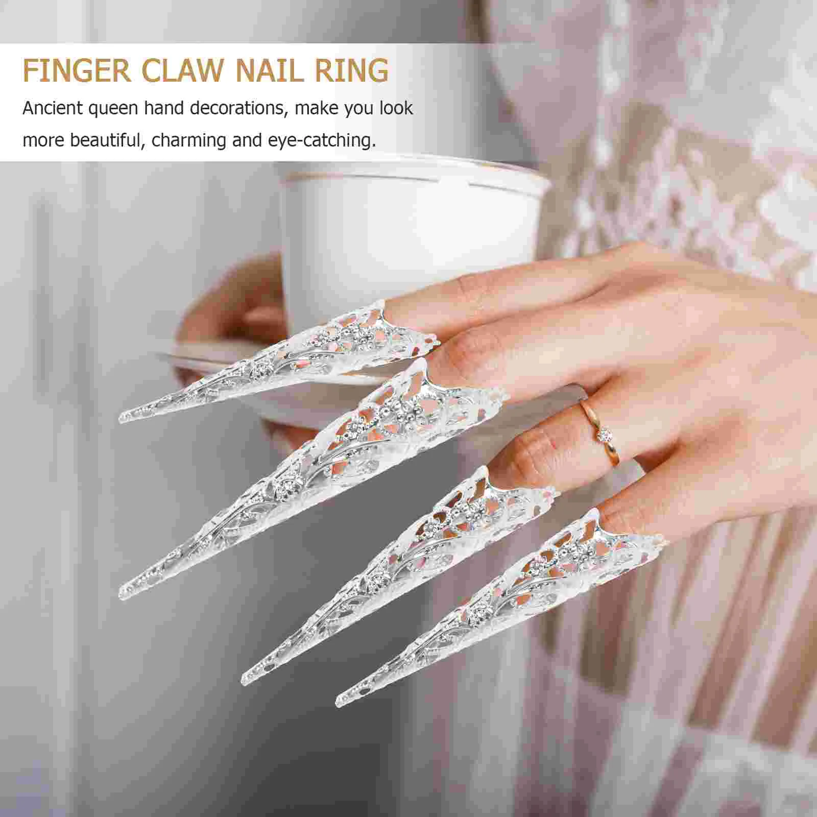 8 Pcs Long Pointed False Nails Goth Oobi Ring Finger Claw Fingernail Knuckle Halloween Miss