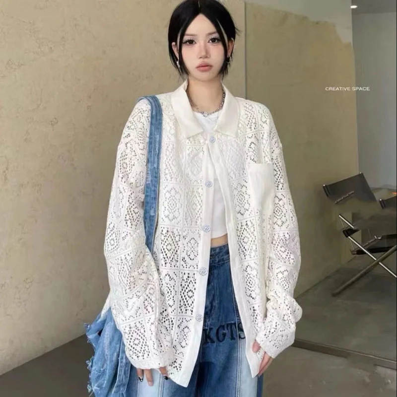 2025 verão feminino americano retro polo pescoço oco camisa solta versátil cardigan topo
