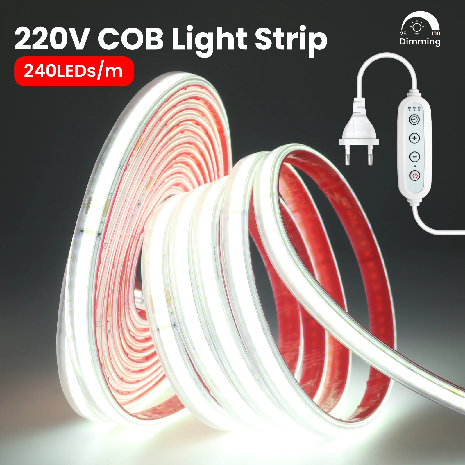 AC 220V COB LED Strip Light Timing Dimmable 3000K 4000K 6000K Waterproof Flexible LED Tape for Home Room Warm/Neutral White