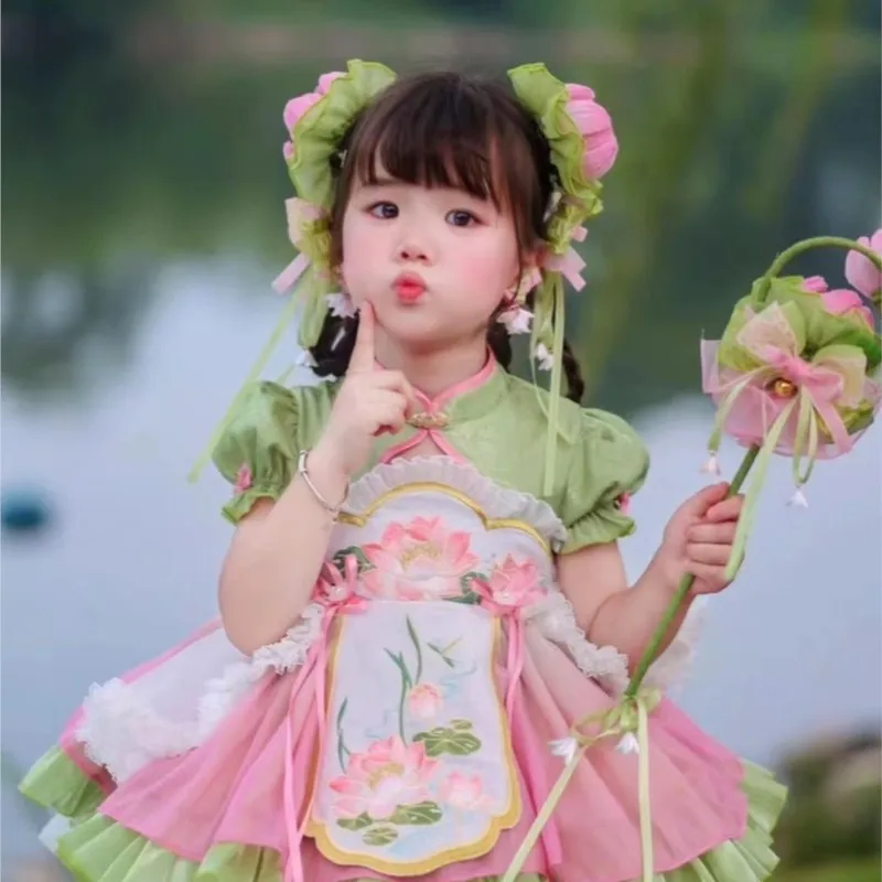 Girls Spring Dress Children Chinese Ancient Style Lolita Dress 2024 New Princess Dress Rabbit Printed Baby Hanfu Dress ZE443