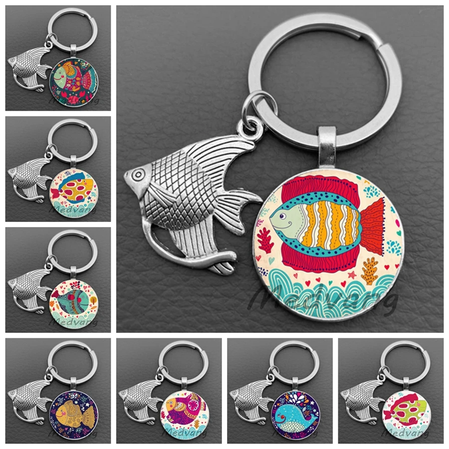 Colorful cartoon fish glass Cabochon keychain beautiful marine life keychain gift I love fish car keychain jewelry