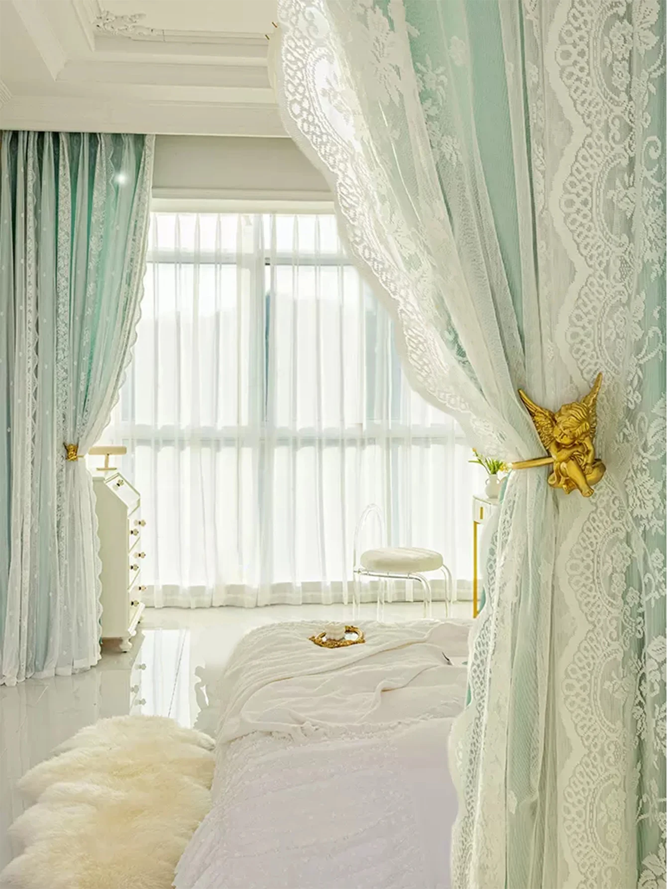 Französische Retro-Vorhänge zum Beschatteln, Schlafzimmer, Wohnzimmer, Spitze, Spitze, Spitze, Samt, doppellagig, ländlicher Stil, kleine Fres