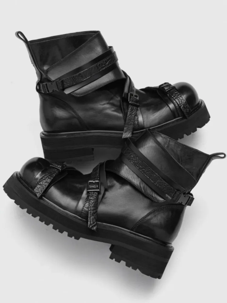 Daily Leisure Cowhide Round Toe Buckle Strap Ankle Boots Genuine Leather Solid Color Platform Height Increase Male Footwear
