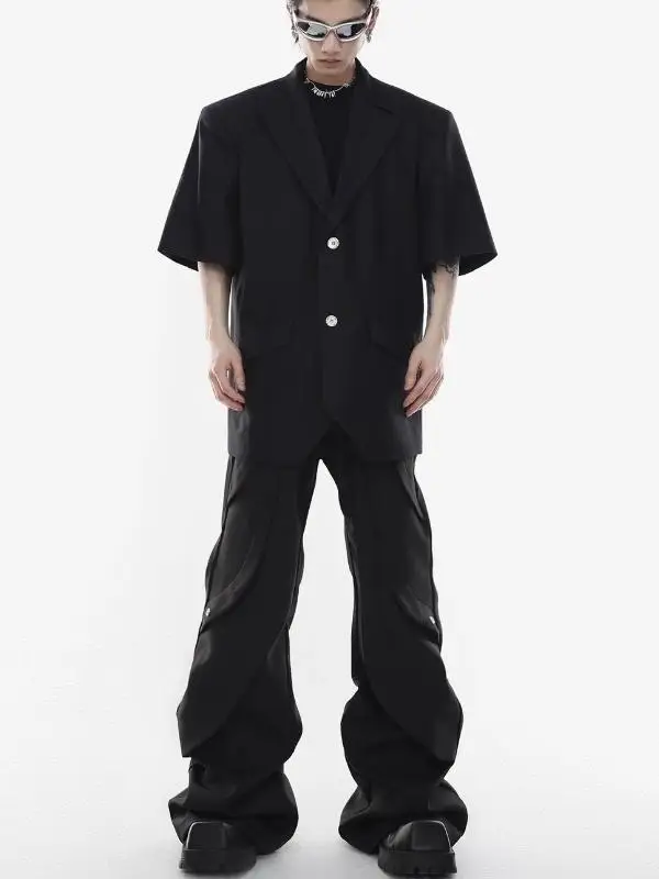 미국 하이 스트리트 수제 장식 마이크로 플레어 남성 캐주얼 팬츠 블랙 하이웨이스트 롱 트라우저 스트레이트 레그 워크웨어