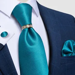 Men Tie with Ring Teal Blue Black Solid Beige Paisley Ties for Men with Handkerchief Cufflinks Wedding Prom 8cm Necktie