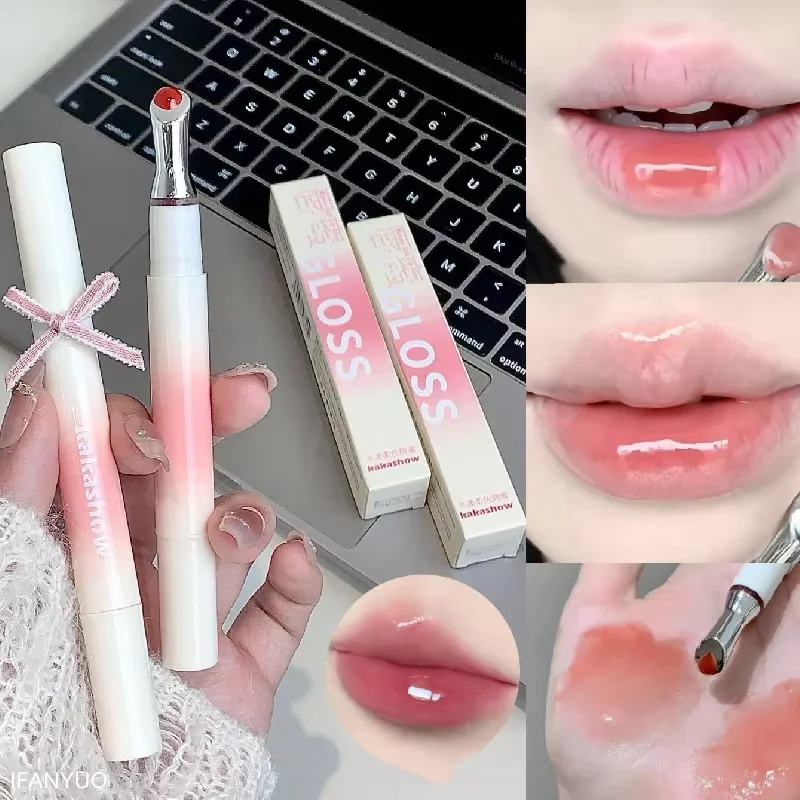 Kakashow-brillo de labios acuoso con espejo, cabezal de cepillo de hierro, brillo de labios de gelatina, tinte de labios hidratante, lápiz labial natural, labios desnudos, cosméticos de maquillaje
