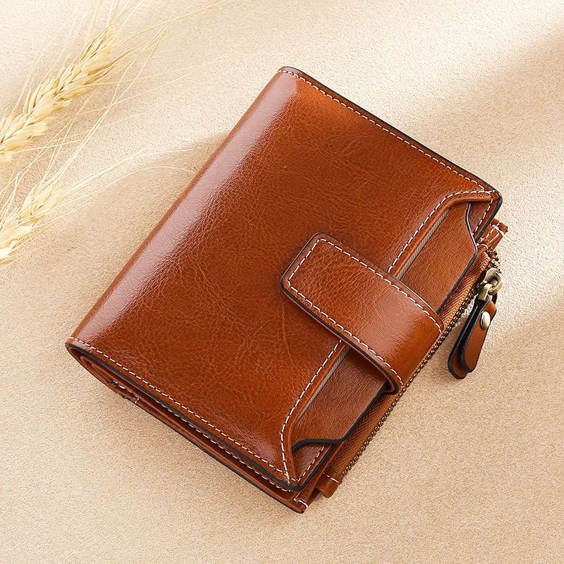 

Short Cow Leather Wallet Woman 2025 New Oilwax Genuine Leather Purse RFID Card Holder Cowhide Clutch