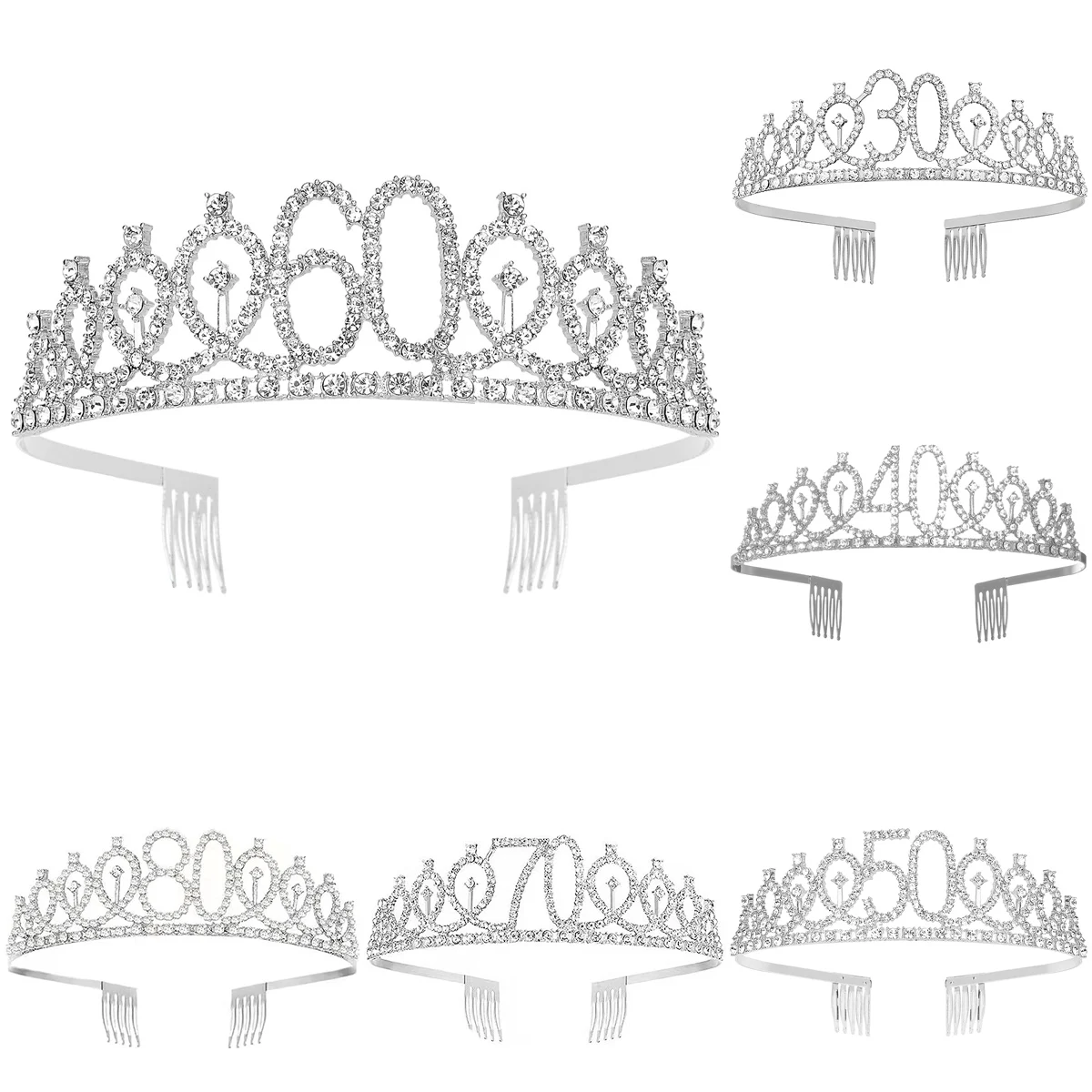Silver 30 40 50 60 70 80 Rhinestone Birthday Tiara Crown Headband Women 30th 40th 50th 60th 70th 80th Birthday Decoration Gift