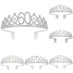 Silver 30 40 50 60 70 80 Rhinestone Birthday Tiara Crown Headband Women 30th 40th 50th 60th 70th 80th Birthday Decoration Gift