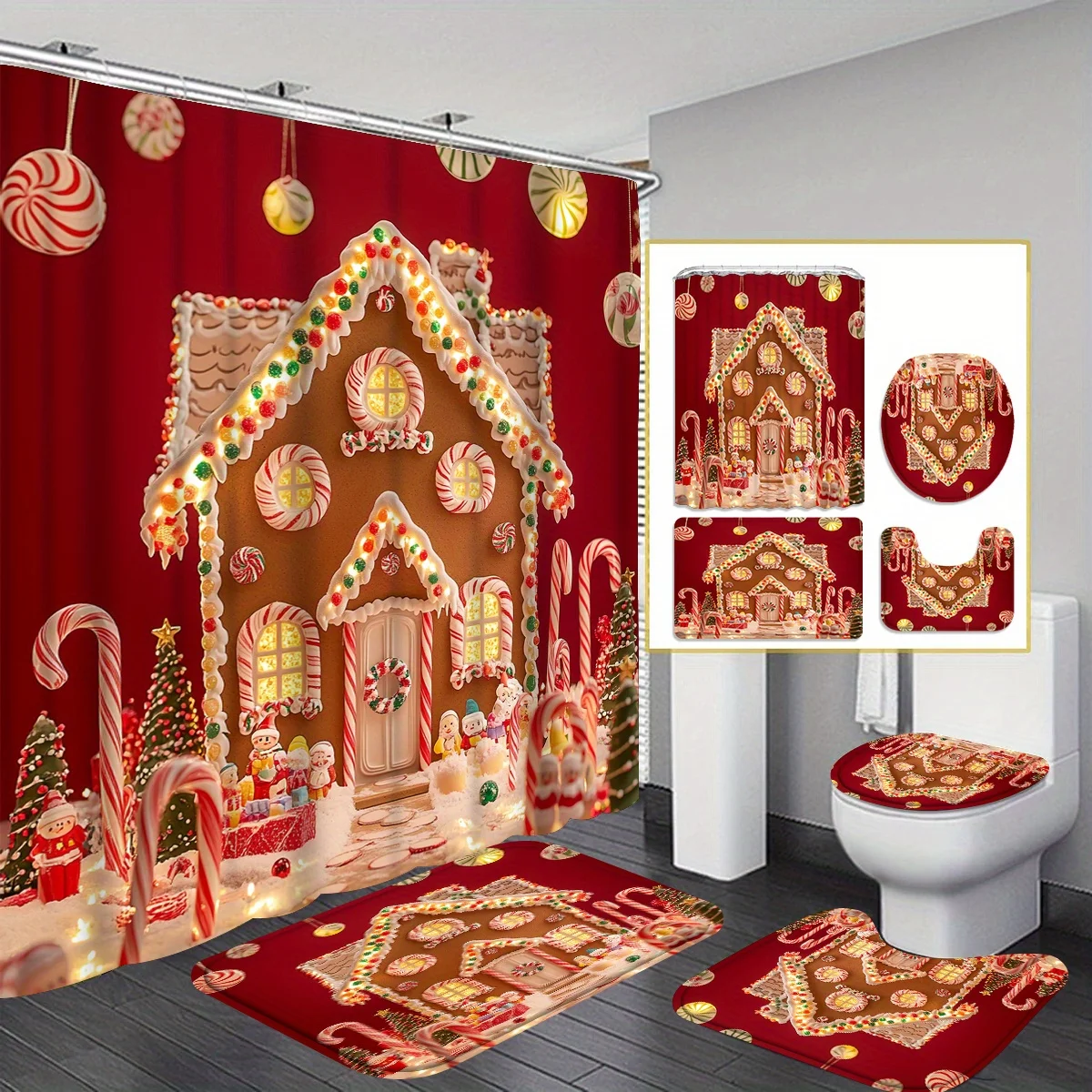 4Pcs Xmas Gingerbread Bath Set – Colorful Print, Curtain, 12 Hooks, Non-Slip Mat, U-Seat, Holiday Bathroom Decor