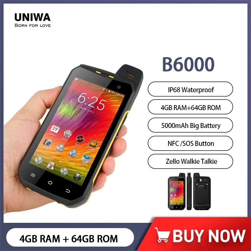 UNIWA B6000 IP68 Zello PTT Walkie Talkie Rugged Smartphone Android 4GB+64GB 5000mAh SOS Button 4.7 Inch Octa Core Cellphone NFC