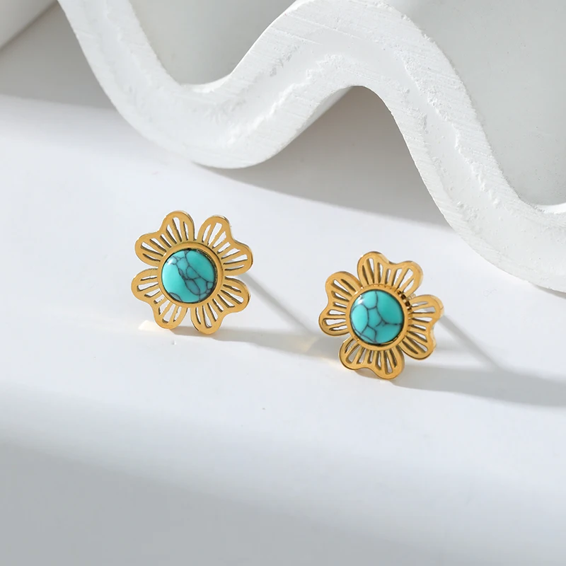EILIECK 316L Edelstahl Künstliche Türkisblumen Halskette Armband Ohrringe Set Modischer Goldfarbener Wasserdichter Schmuck – Detail 18