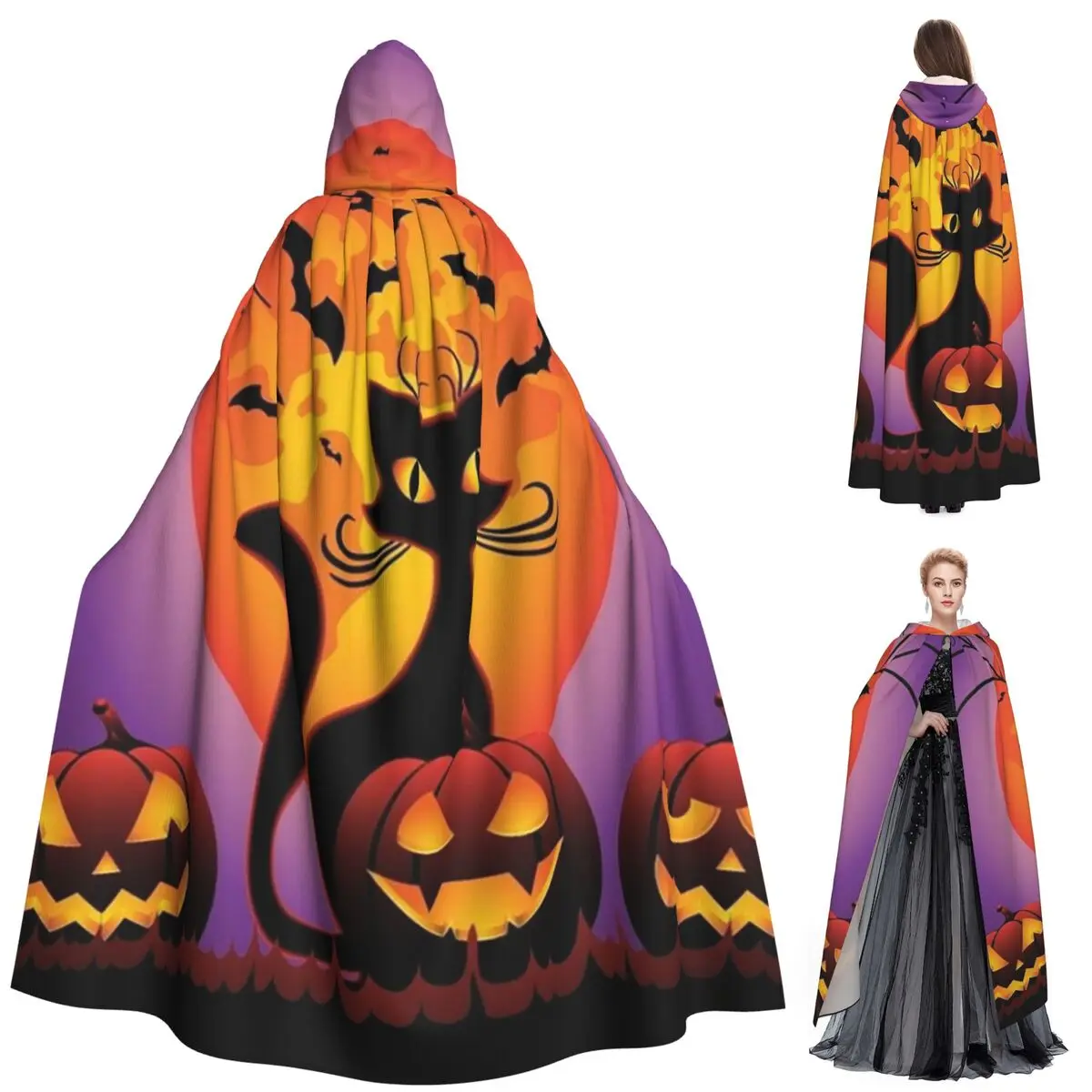 

Bats Pumpkin And Ghosts Witches Long Hooded Cloak Witch Medieval Costume Cosplay Cape HalloweenVampire
