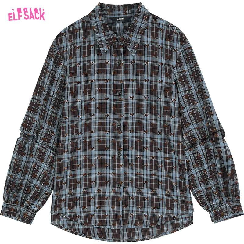 ELFSACK 2024 Autumn New Arrive Blue lapel sweet bow loose casual American plaid shirt jacket for women