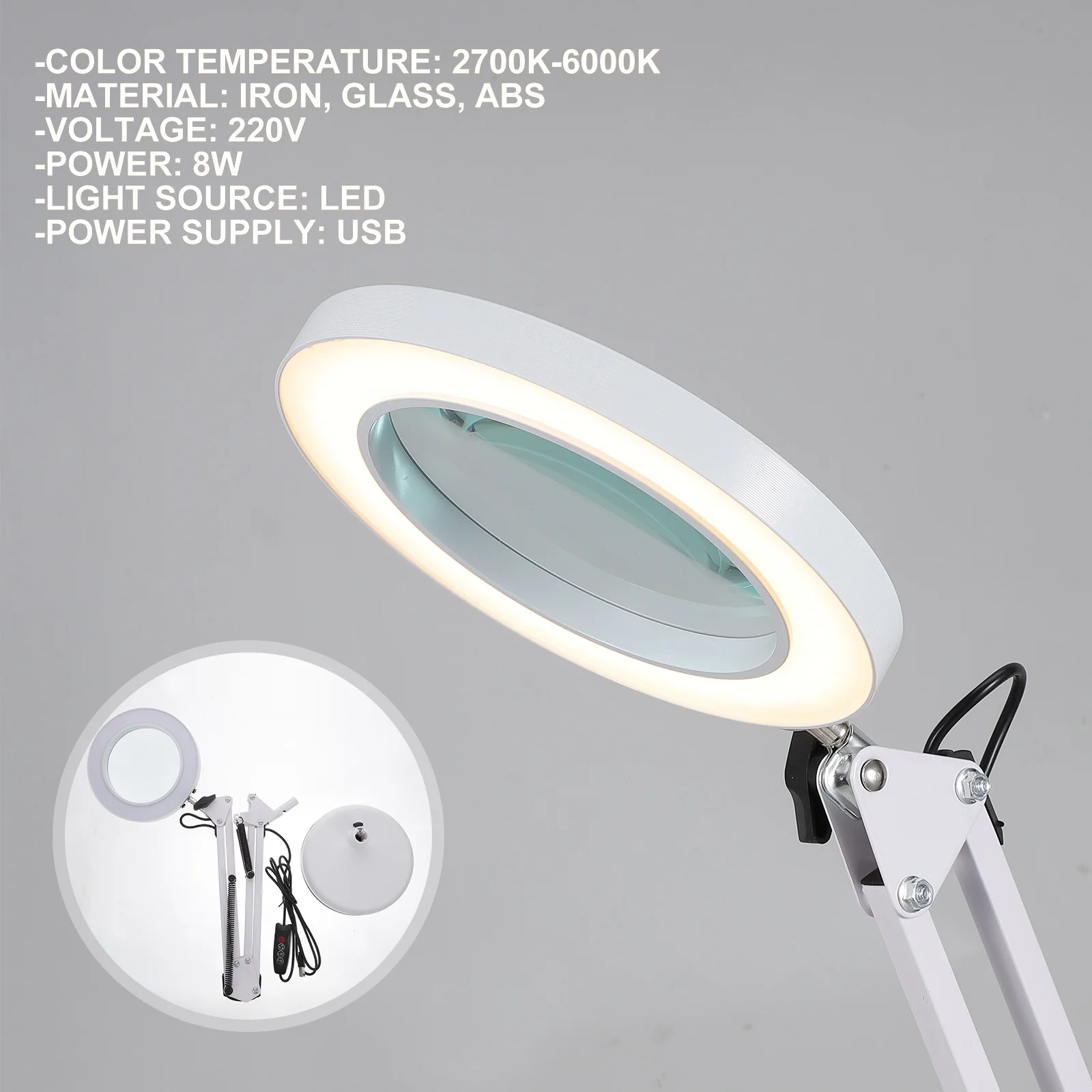 

1Set 5X Magnifying Lamp LED Bright Light for Salon Beauty Circuit Inspection Foldable Design with Flexible Arm Multi-Angle