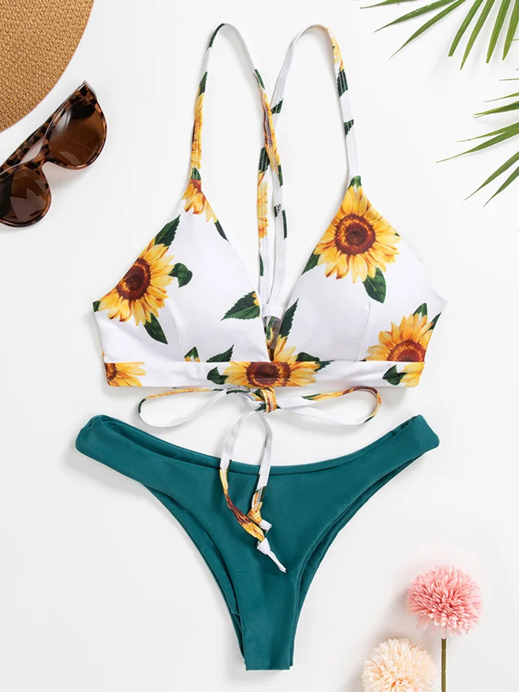 Sunflower Printed Bikini Set Sexy Swimwear Women 2023  Mujer Push Up Padded Biquini Bathers Bandage Bathing Suit Swimsuit Bikini