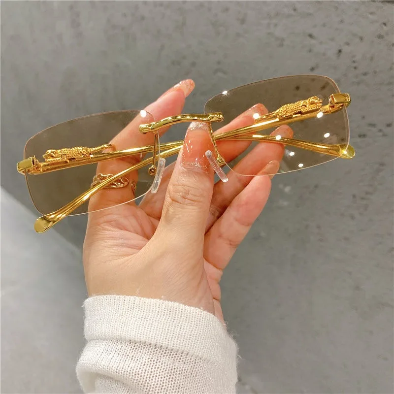 Modische quadratische rahmenlose Damen-Sonnenbrille mit goldenem Leopardenmuster-Rahmen, UV400-Sonnenbrille