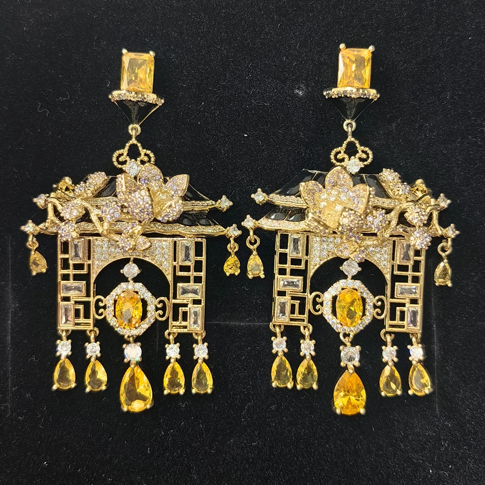 Chinese style luxury earrings for women colorful blue yellow fushia pink zirconia large long pendant earrings gown jewelry party