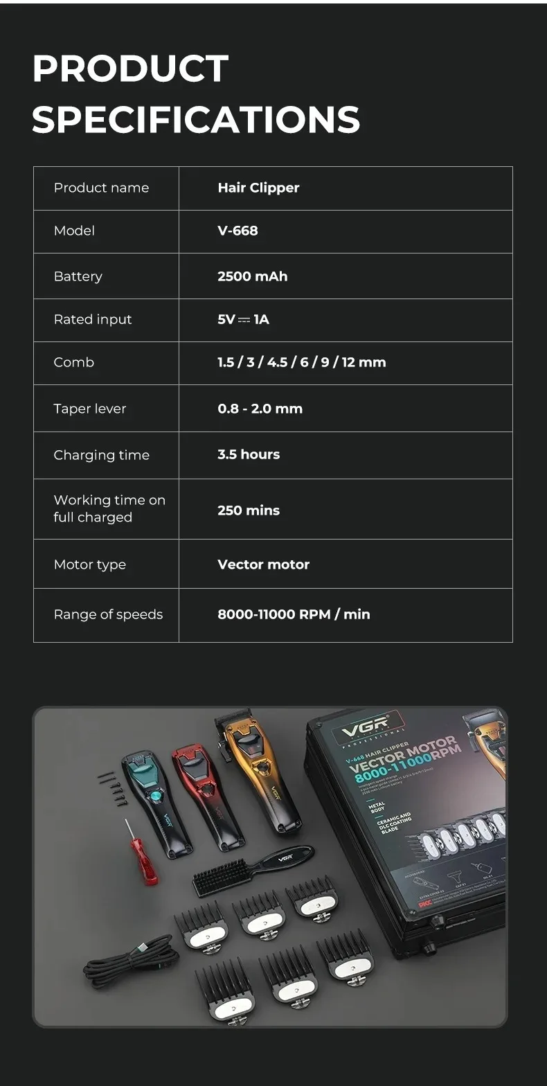 VGR Professional Hair Clippers Rechargeable Hair Trimmer Vector Motor 11000 RPM Haircut DLC Blade Clippers For man V-668 V-668T image 16