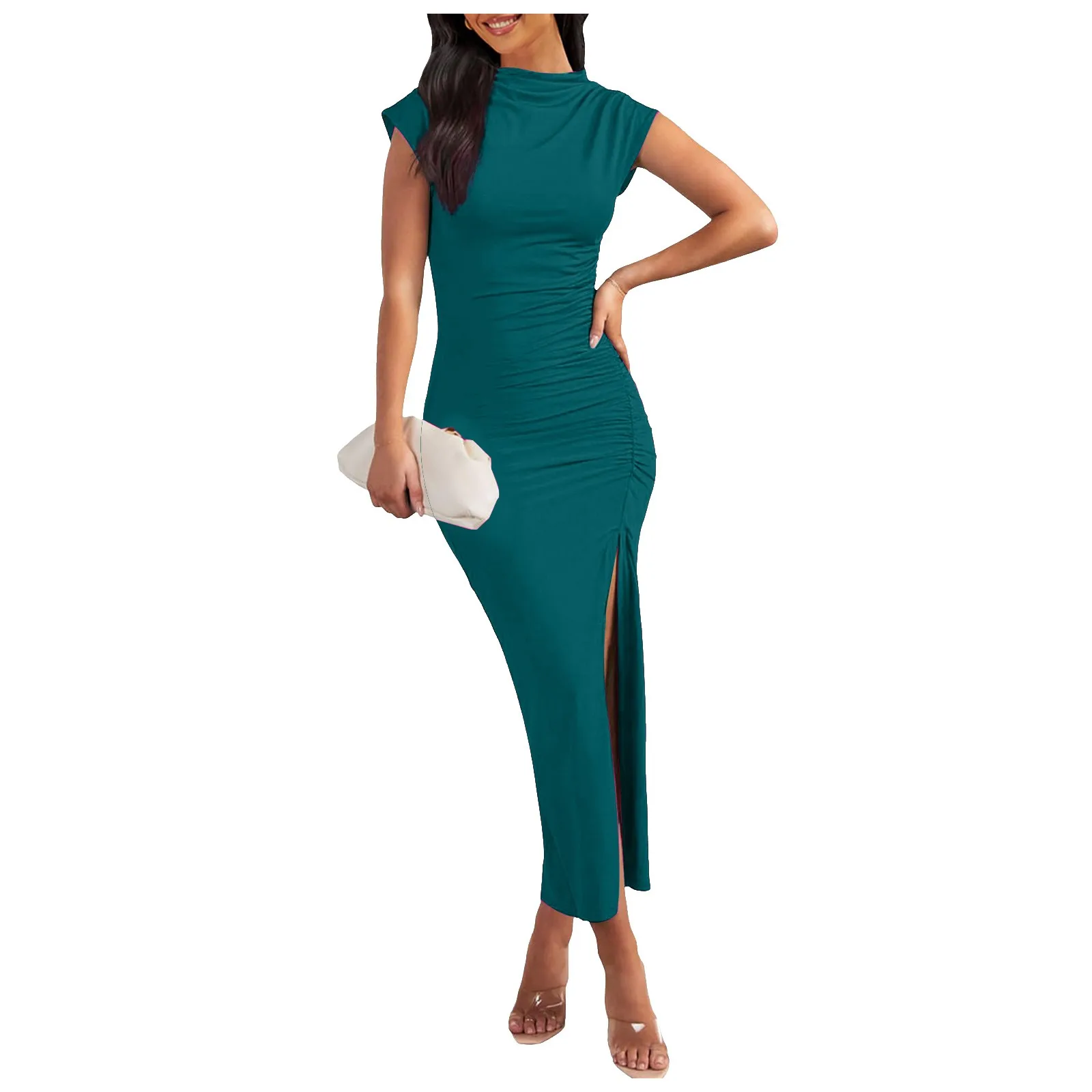 Summer Women's Slim Party Dresses Round Neck Sleeveless Shoulder-padded Bodycon High Waist Midi Dress Spring Female Chic Dress