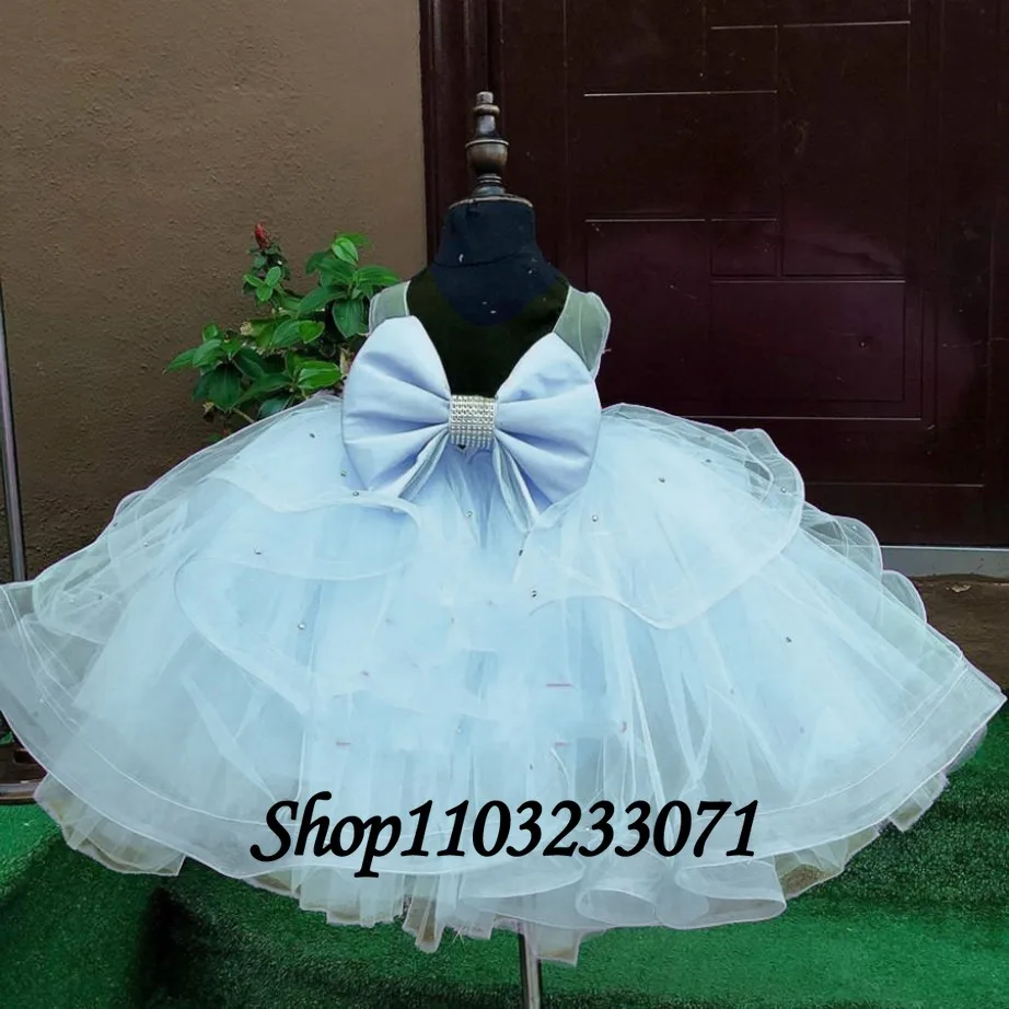 Light Blue Flower Baby Girl Dress Ankle-Length Sleeveless Lace Kids Princess Girls Wedding Birthday First Communion Party Dress