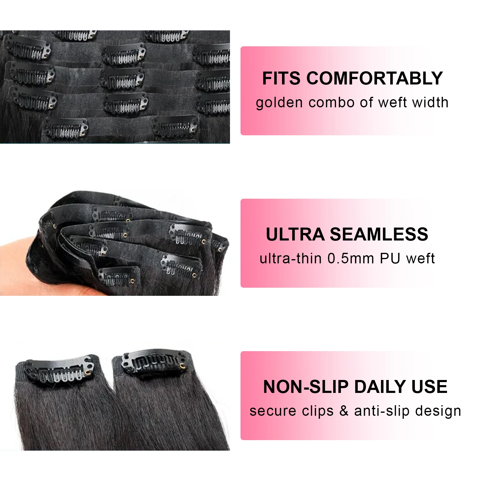 Extensiones de cabello humano brasileño liso con Clip, cabeza completa, sin costuras, negro Natural, extensión de cabello humano para mujeres