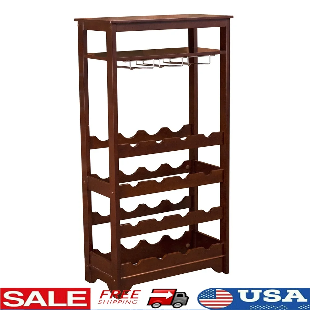 

Compact 16-Bottle Wine Rack Wooden Storage with Chrome Stemware Holder Top Shelf Indoor Use Perfect Wine Lovers