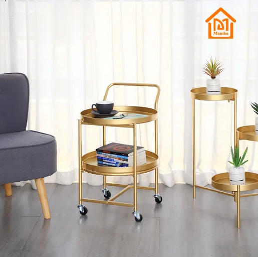 

Luxury 2-tier Round Gold Metal Side Table with Wheels