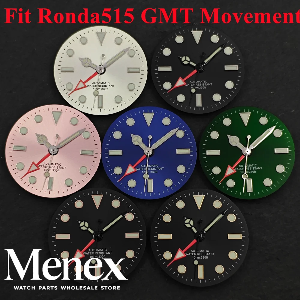 29mm Ronda 515 GMT Watch Dial with Luminous Hands Multi-Color Replacement Repair Parts Fit Pink White Blue Black Green
