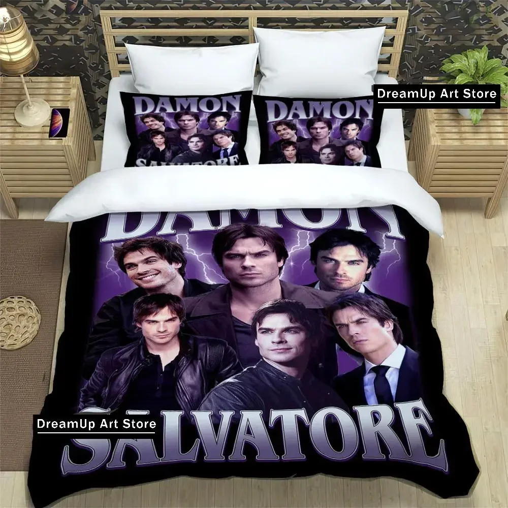 Parure de lit avec impression 3D Vampire Diaries Damon salvator, pour garçons et filles, double reine, housse de couette pleine taille, taie d'oreiller, chambre d'adulte