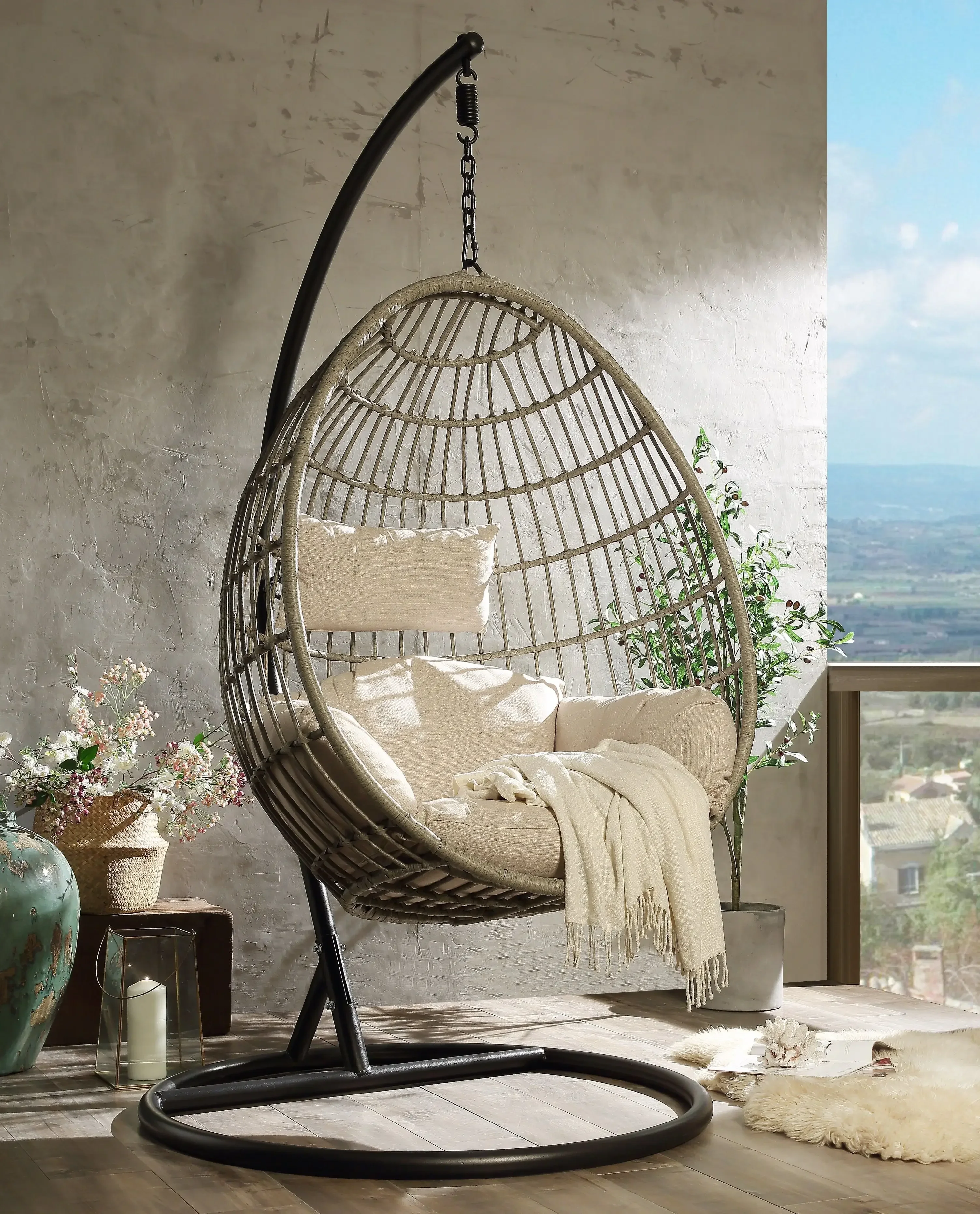 

ACME Vasta Patio Swing Chair with Stand, Fabric & Wicker (1Set/3Ctn) 45084
