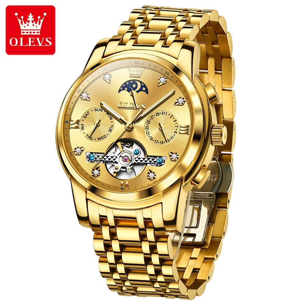 ساعة OLEVS توربيون ذهبية فاخرة للرجال بحزام من الفولاذ المقاوم للصدأ مقاومة للماء لمرحلة القمر ساعات آلية عصرية للرجال #1