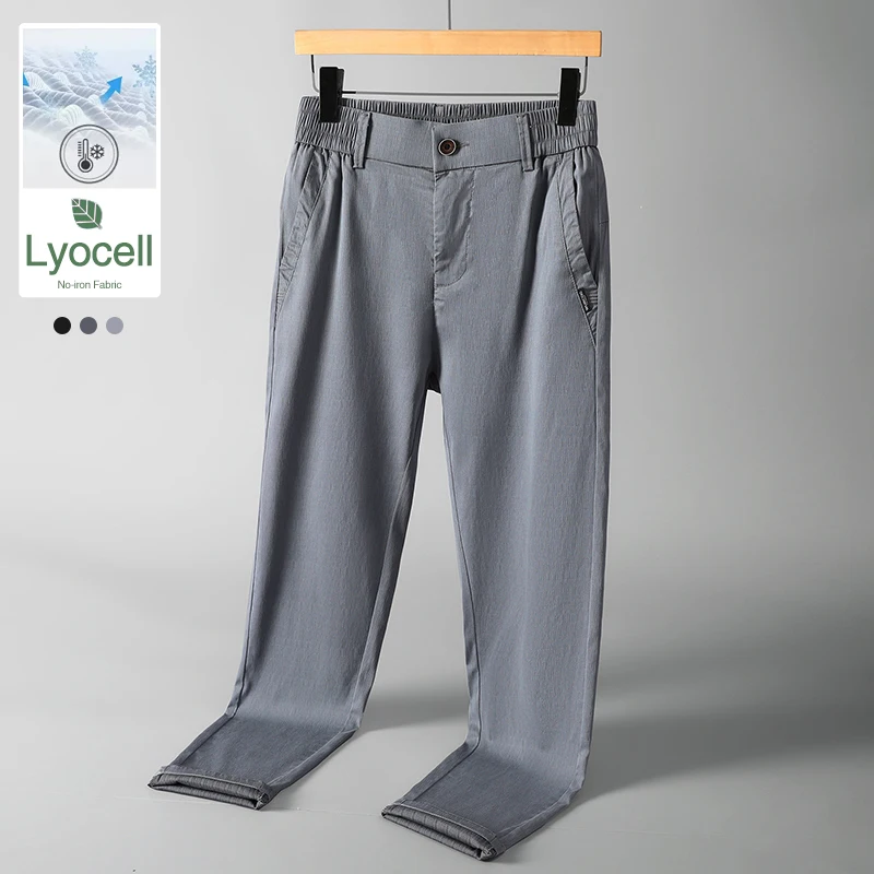 

Summer Ultra-thin Men's Casual Pants Lyocell Fabric Soft Breathable Elastic Slim Straight Trousers Fashion Korean Clothing
