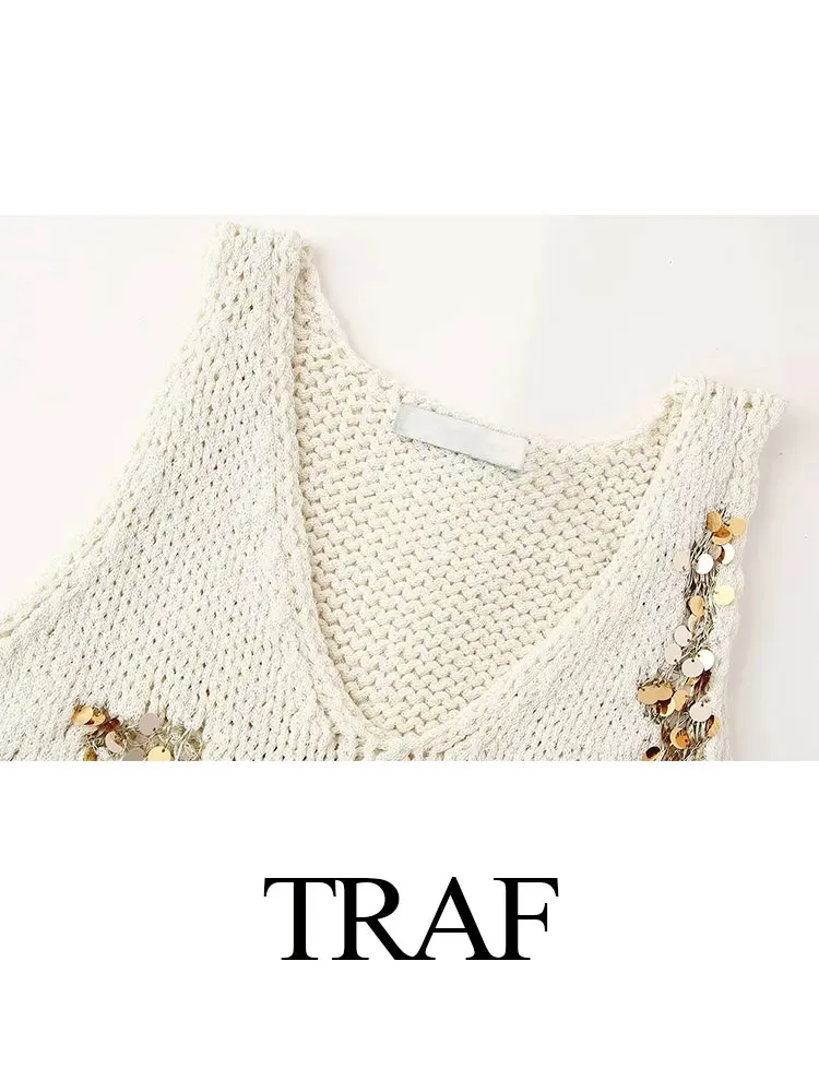 TRAF Spring 2024 Female Fashion Knitted Cropped Vest Casual Sequined Knitted V-neck Sleeveless High Street Patchwork Tank Tops