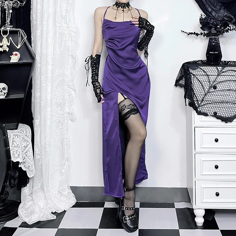 Verão nova moda vestido europeu e americano temperamento sexy cetim fenda lateral suspender vestido feminino