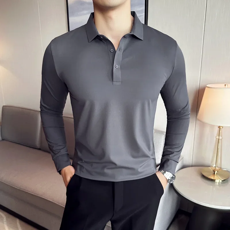 High Elasticity Men POLO Shirt 2023 Autumn Base Tops Ice Silk Fabric Solid Casual Long Sleeve POLO Shirt Casual Slim Fit T Shirt