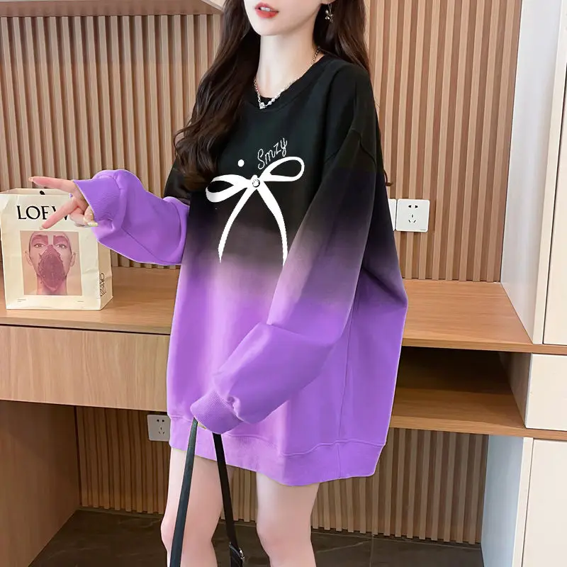 Korean Version Bow Women\'s 2024 Spring and Autumn New Splicing Pullovers O-Neck Print Gradient Loose Casual Long Sleeved Hoodies