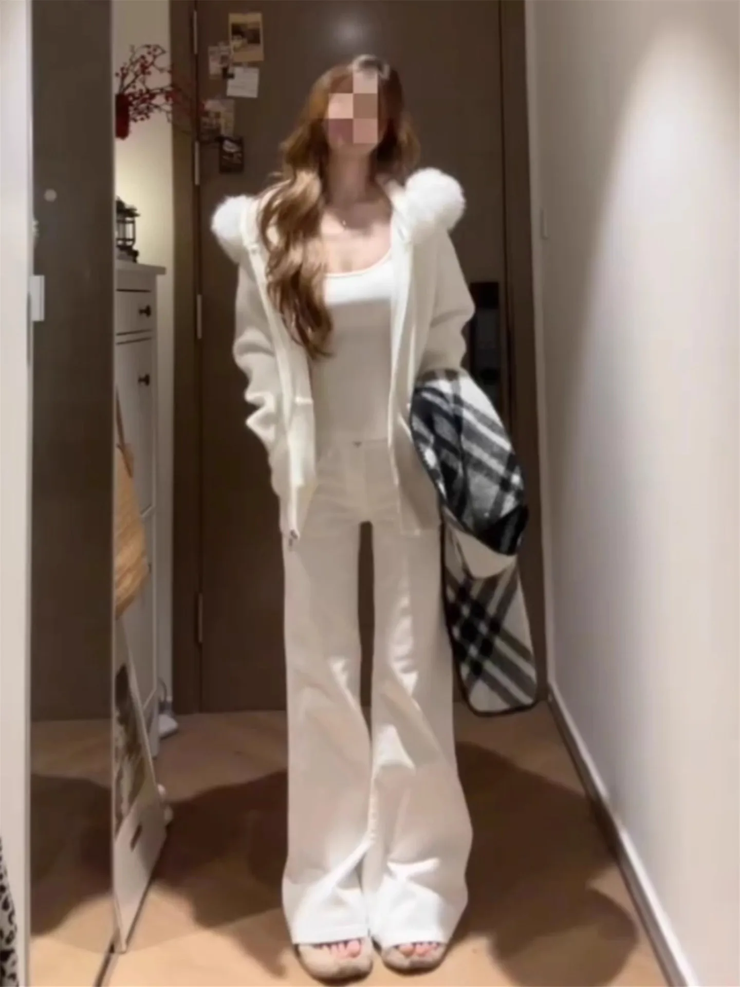 

White Flared Jeans Women's Loose Slimming Drapey Design Tall Extended Casual Pants Low Waist Cotton Casual Style Washed