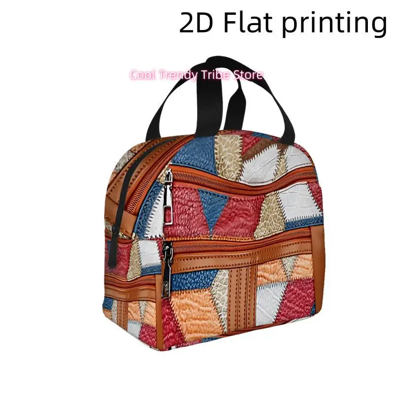 1pc, Colorful Patchwork Bag with Zippers and Stitching Details. Printed Insulated Cooler Bag - Reusable Portable Hot Cold Bag fo