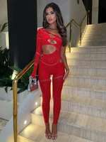 Whatiwear Rhinestones Patchwork Jumpsuit Women Sexy Hollow Skew Collar Single Sleeve