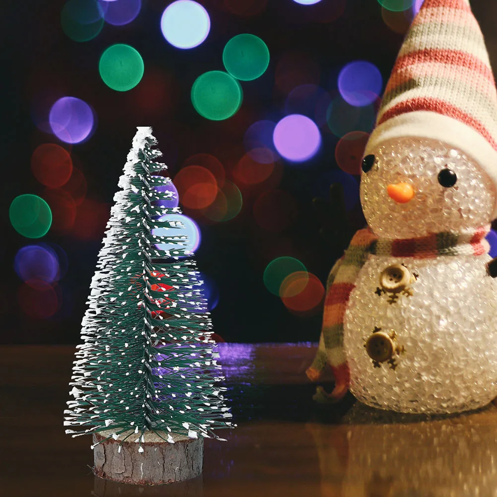 

7Pcs Mini Xmas Tree Decorative Frosted Artificial Snow Coated Small Pine Trees Wooden Base Tabletop Christmas Scene Festival