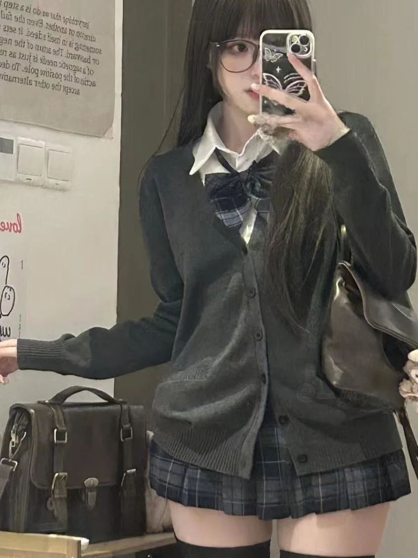 

Women's V-neck Knitted Sweater Cardigan Versatile Pure Color College Style JK Uniform 2024 Autumn Fashion Set Four-piece Suit