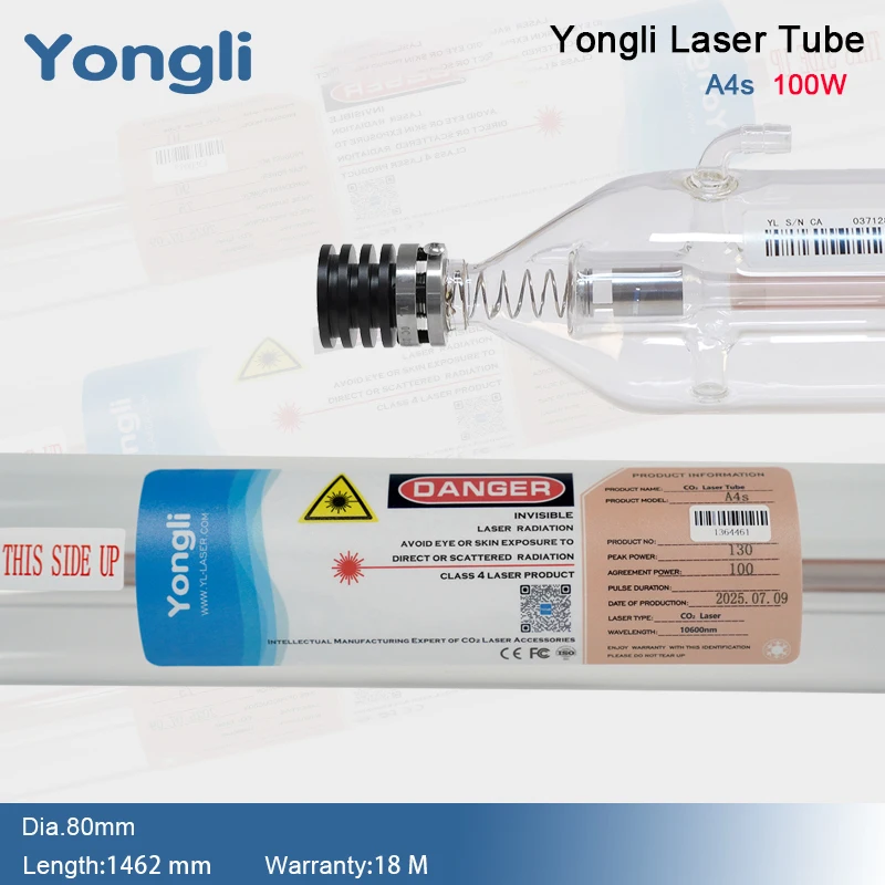

Yongli A4s 100W CO2 Laser Tube Dia.80mm Glass Laser Lamp Laser Equipment Parts for CO2 Laser Cutting and Engraving