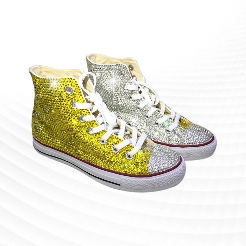 Custom hand-made diamond splicing sparkling gold high top women's casual sports canvas shoes plus size 34-55