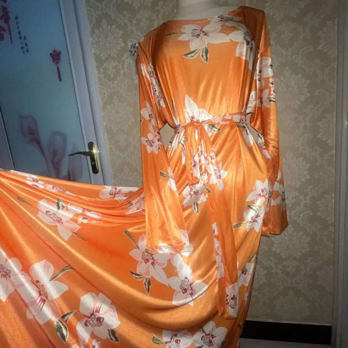 Orange Floral Print Glossy Sexy Women Satin Long Dress Long Sleeve Loose Night Dress Plus Size Sleeping Robe